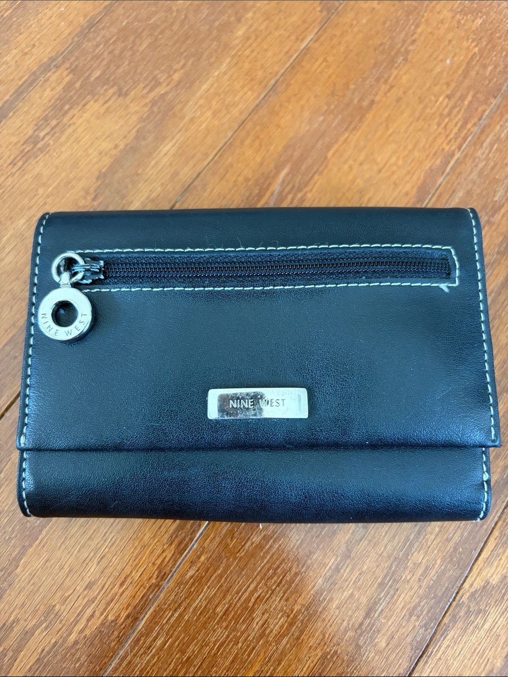 Nine West Black Leather Trifold Wallet with Silver Hardware